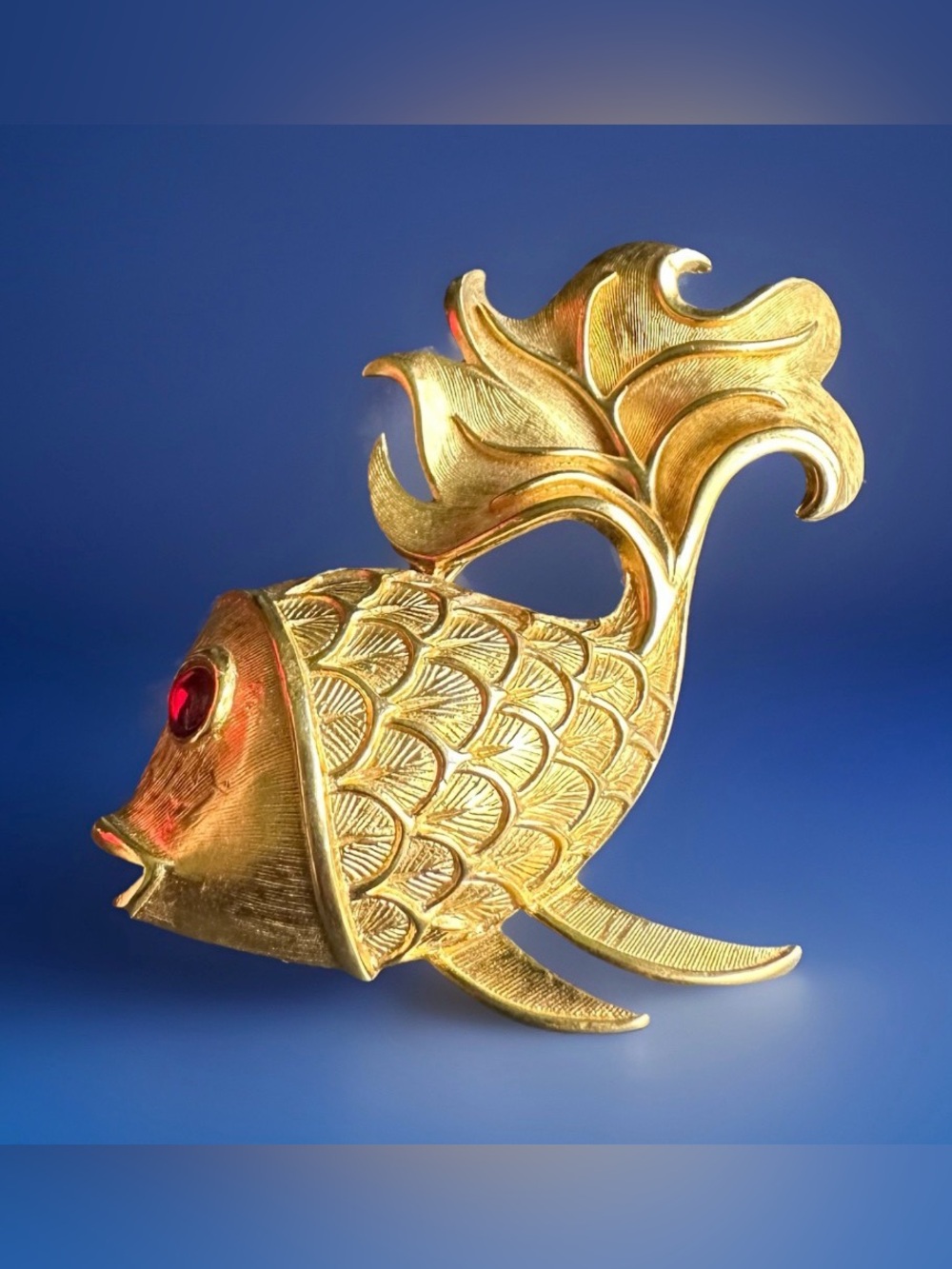PRISTINE Vintage Trifari Gold Koi Fish Brooch w Red Cabochon Eye Crown Era